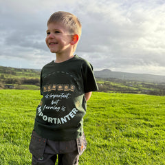 "School is important but farming is IMPORTANTER" Novelty Kids Bottle Green T-Shirt