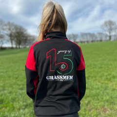 "15 Years of GRASSMEN" Adults Red & Black Two Toned 1/4 Zip Prime Sweater