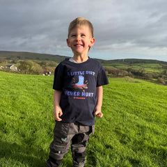 "A little Dirt Never Hurt" Blue Text Novelty Kids Navy T-Shirt