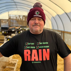"Hay Cut, Hay Raked, Hay Dried, Baler Ready - RAIN" Novelty Adults Black T-Shirt